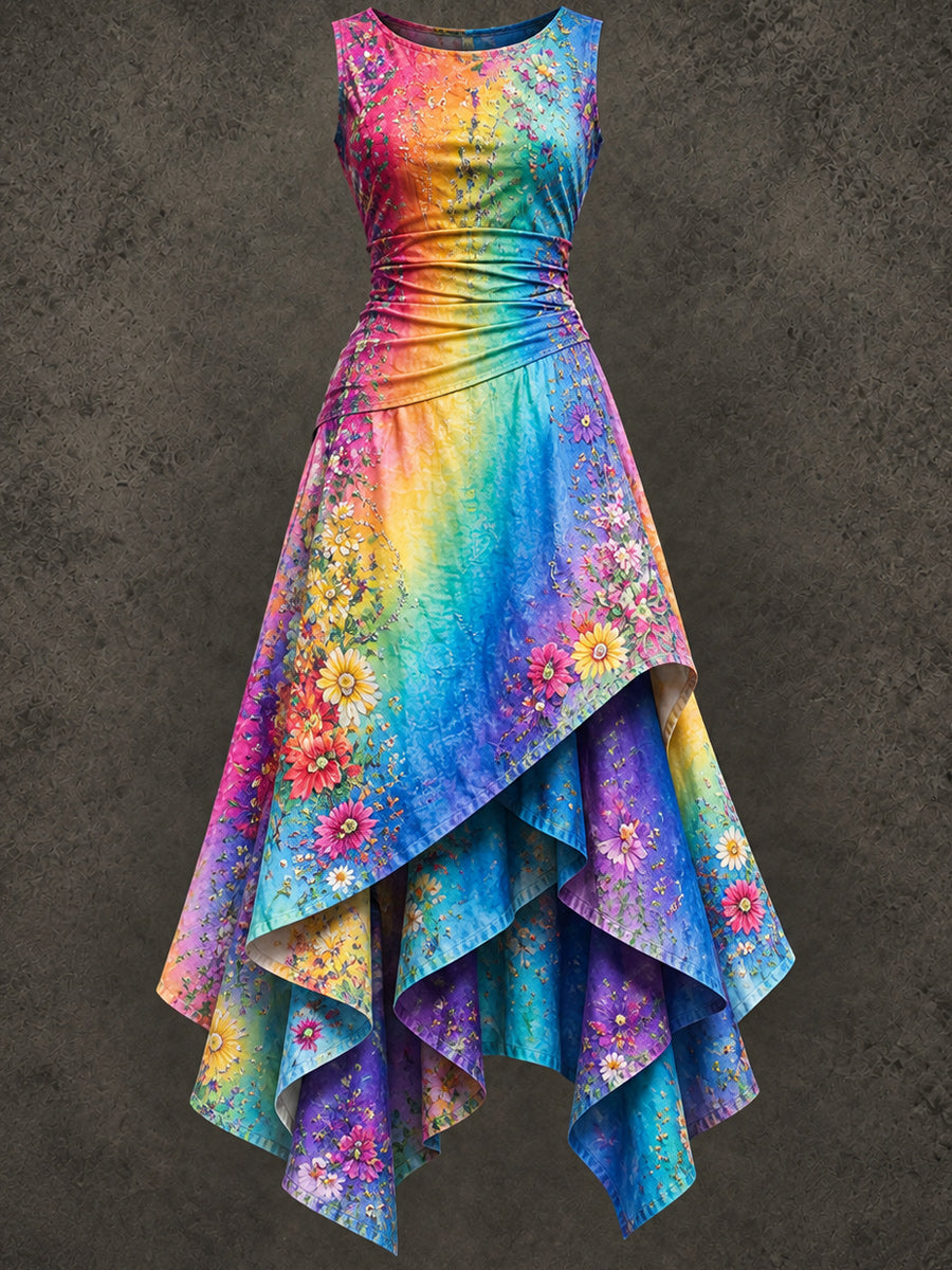 Retro Art Printed Vintage Sleeveless Irregularly Layered Stitched Midi Dress